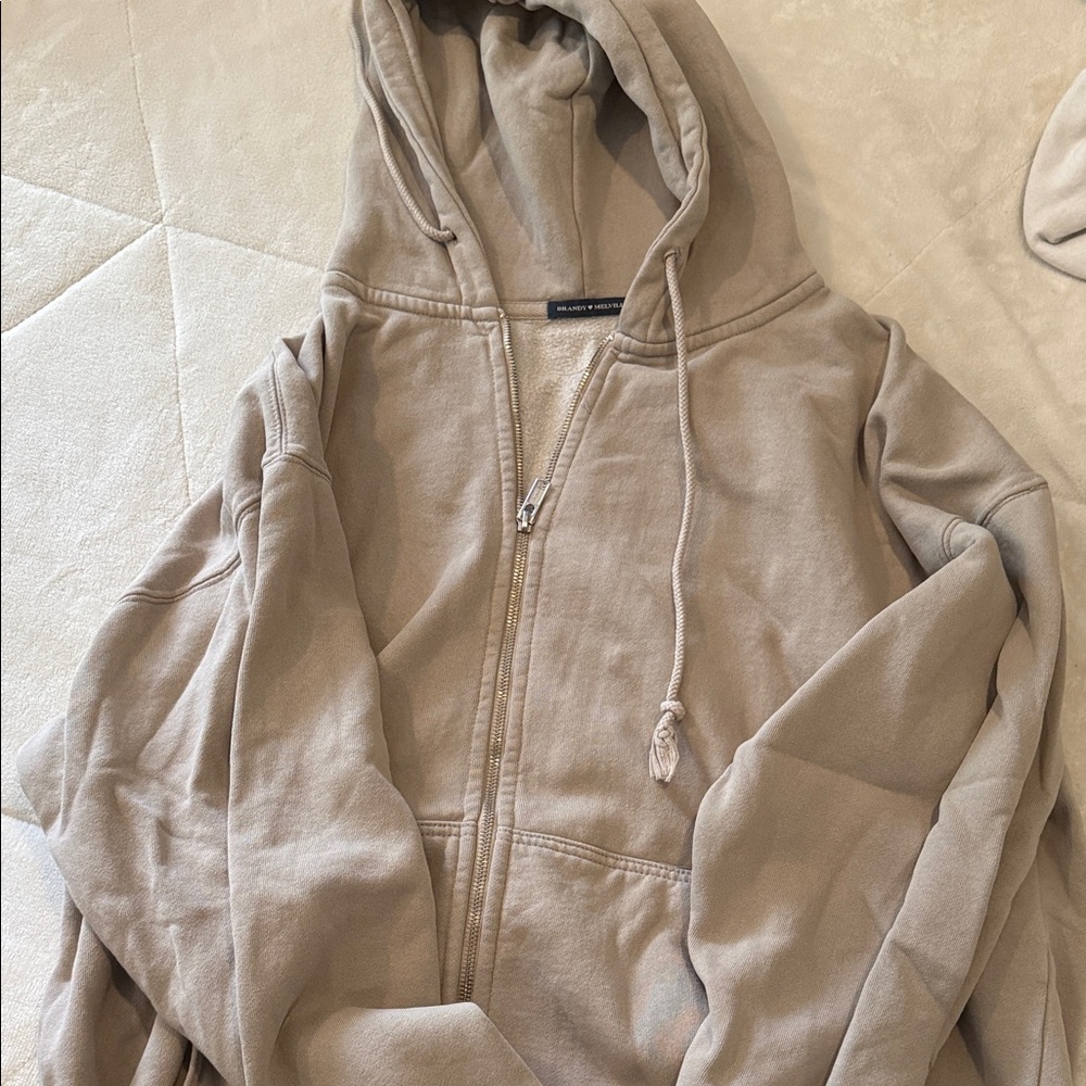 Tan Brandy Melville Zip-Up Hoodie Regular Fit
